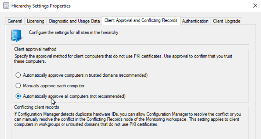 Automatically approve all computers settings location